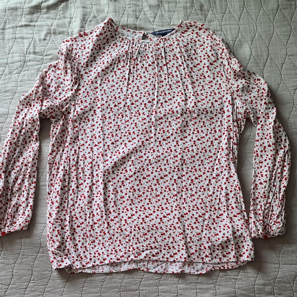 Calvin Klein Jeans Floral Blouse - White, Red, Green, Size XL